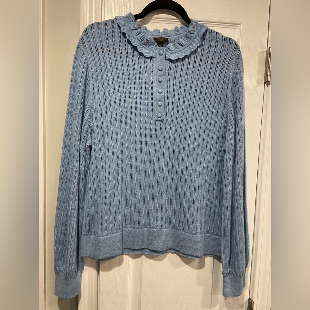 NWT Talbots Size LP Blue Pointelle Knit Ruffle Collar Button Sweater Cottagecore